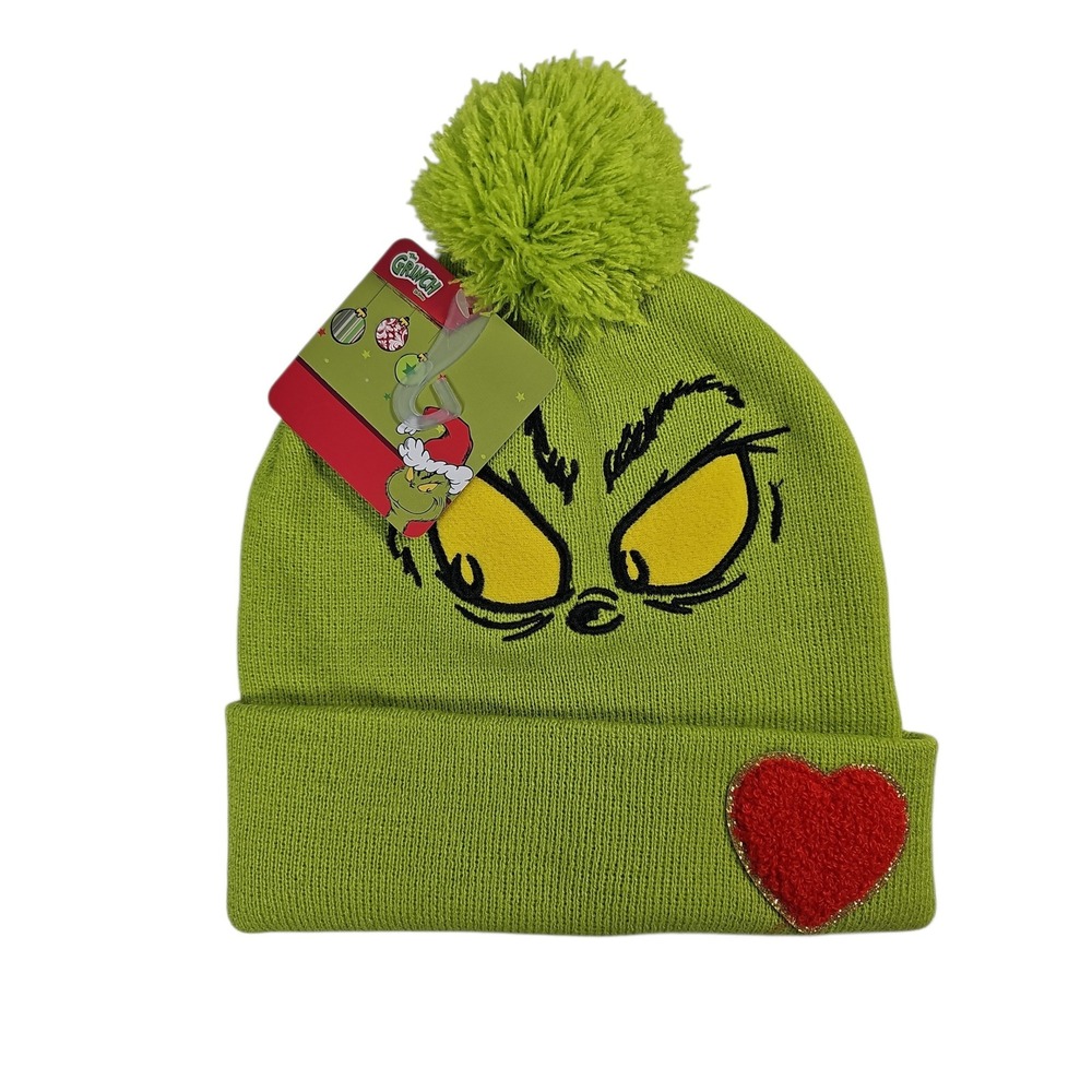 Dr. Seuss Beanie The Grinch Green Pom Pom Heart Hat Unisex OSFM